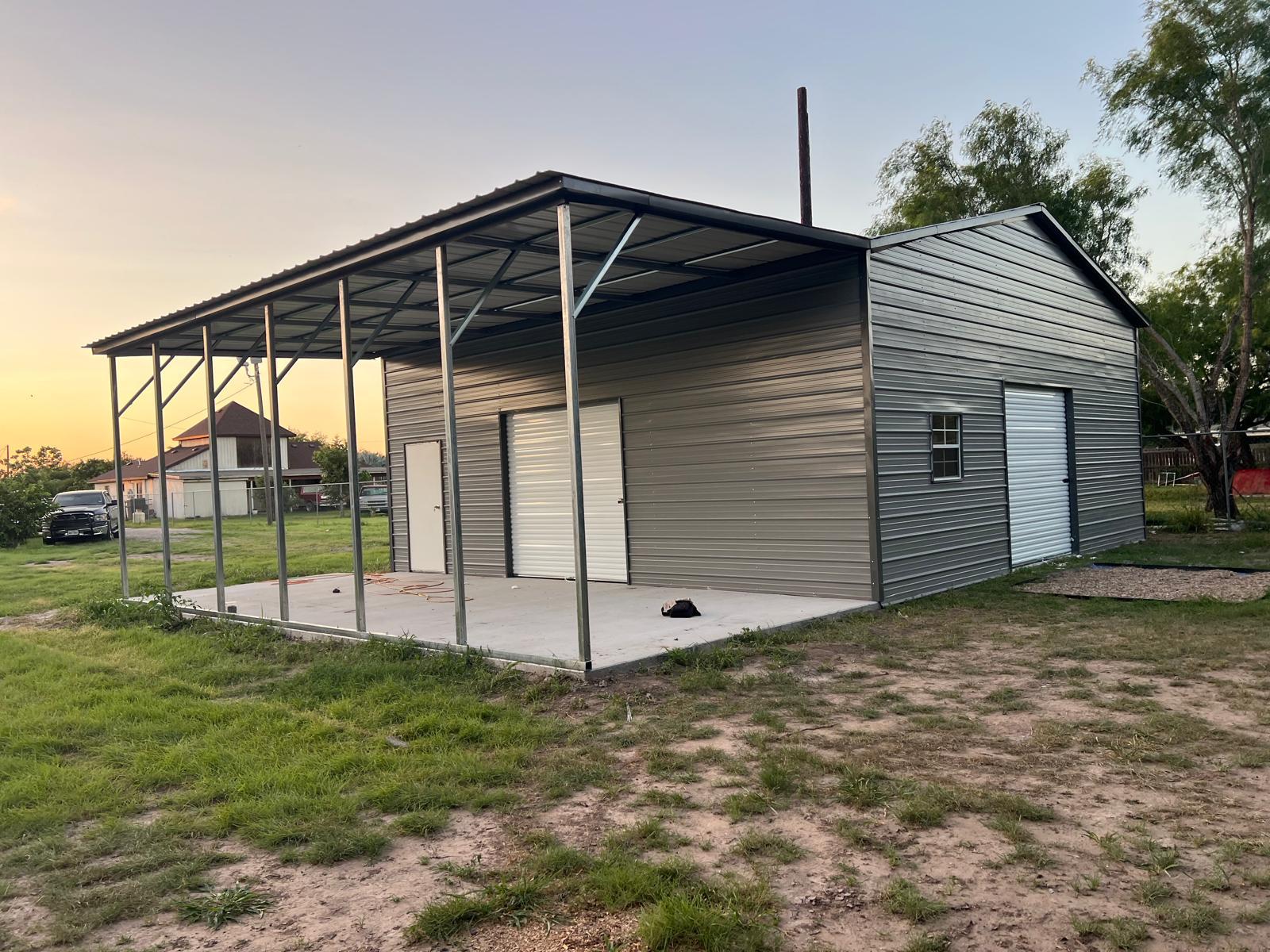 Metal building with an attached carport set up at a home in the Rio Grande Valley